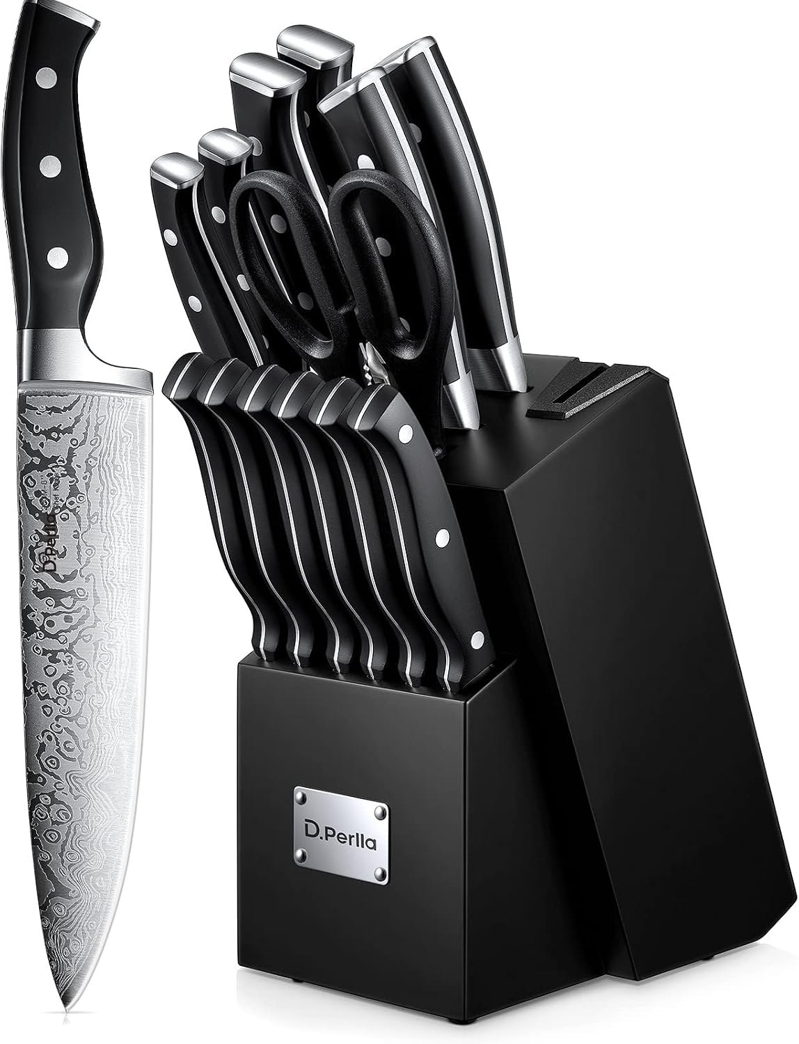 D.Perlla Juego de Cuchillos de Cocina Profesional, Juego de Bloque de Cuchillos de Cocina de Acero Inoxidable Alemán de 7 Piezas con Afilador Incorporado, Negro