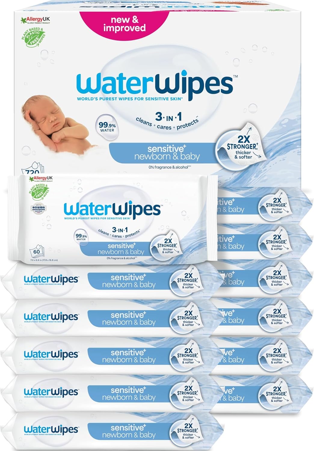 WaterWipes Sensitive+ Newborn & Baby Wipes, 12 Paquetes