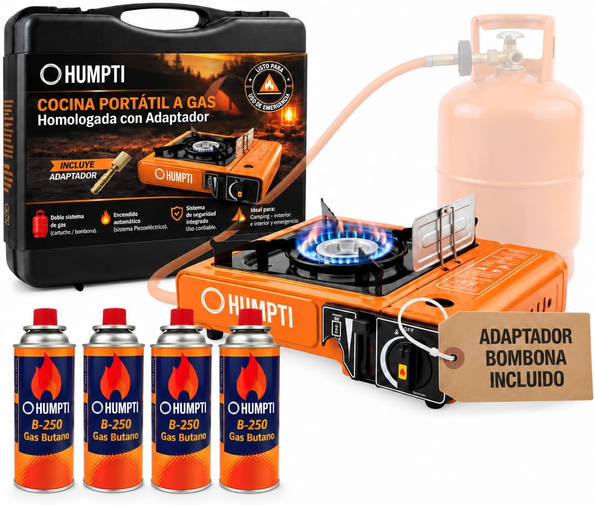 Camping Gas Portatil con adaptador de Bombona + 4 Cartuchos, Pack Hornillo + 4 Cartuchos, Hornillo Camping Gas Portátil, Cocinal, Infernillo, Fogareiro