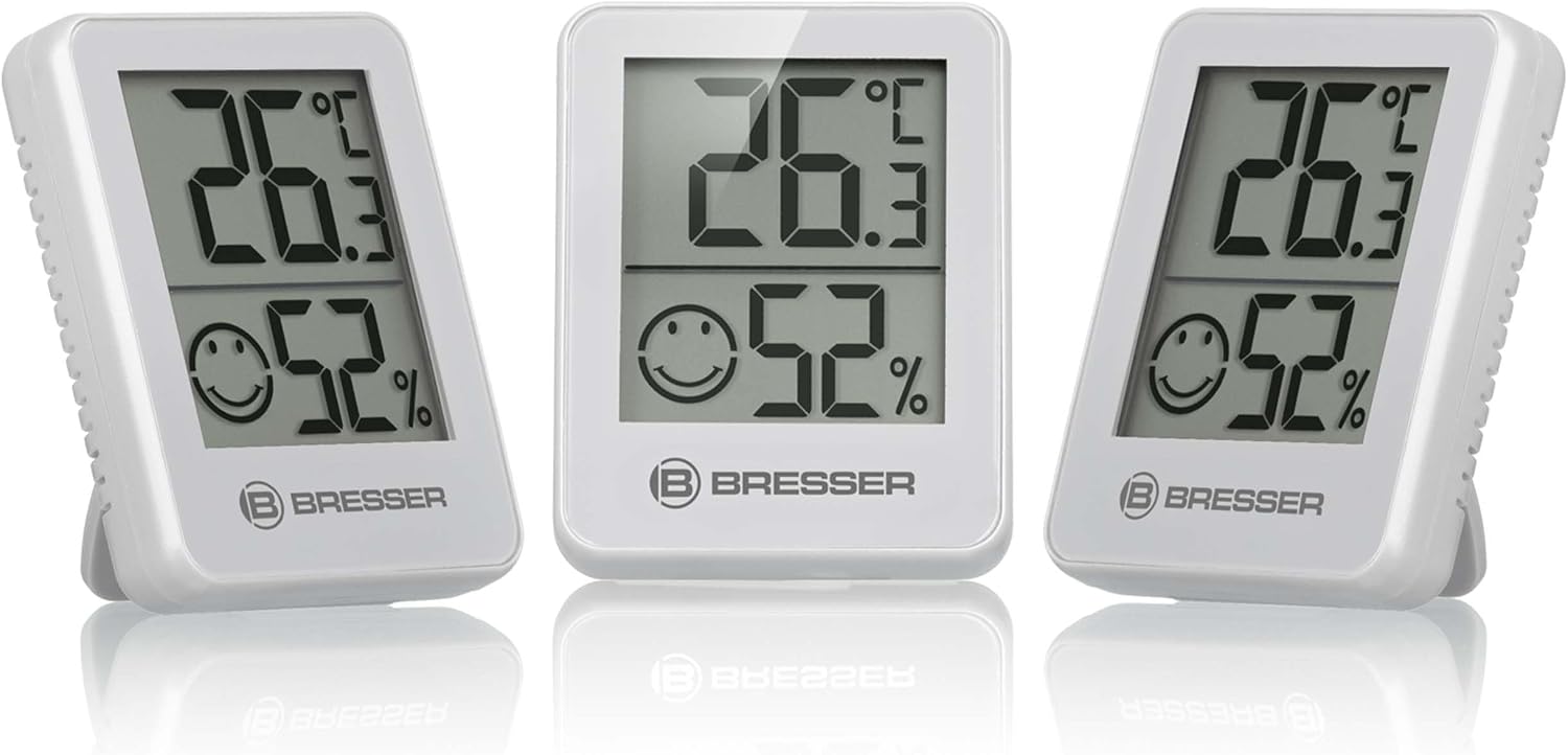 Bresser Temeo Termómetro, higrómetro, set de 3 higroindicadores para colocar de pie o en la pared con indicador de temperatura interior, negro