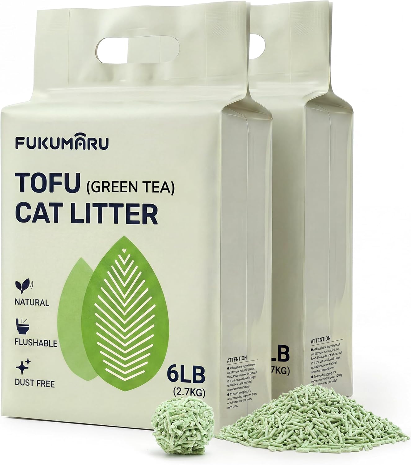 FUKUMARU Arena de Tofu para Gatos 10.8kg - Arena aglomerante para Gatos, Control de Olores con Aroma de Té Verde, Libre de Polvo y fácil de aglomerar, Desechable en el Inodoro