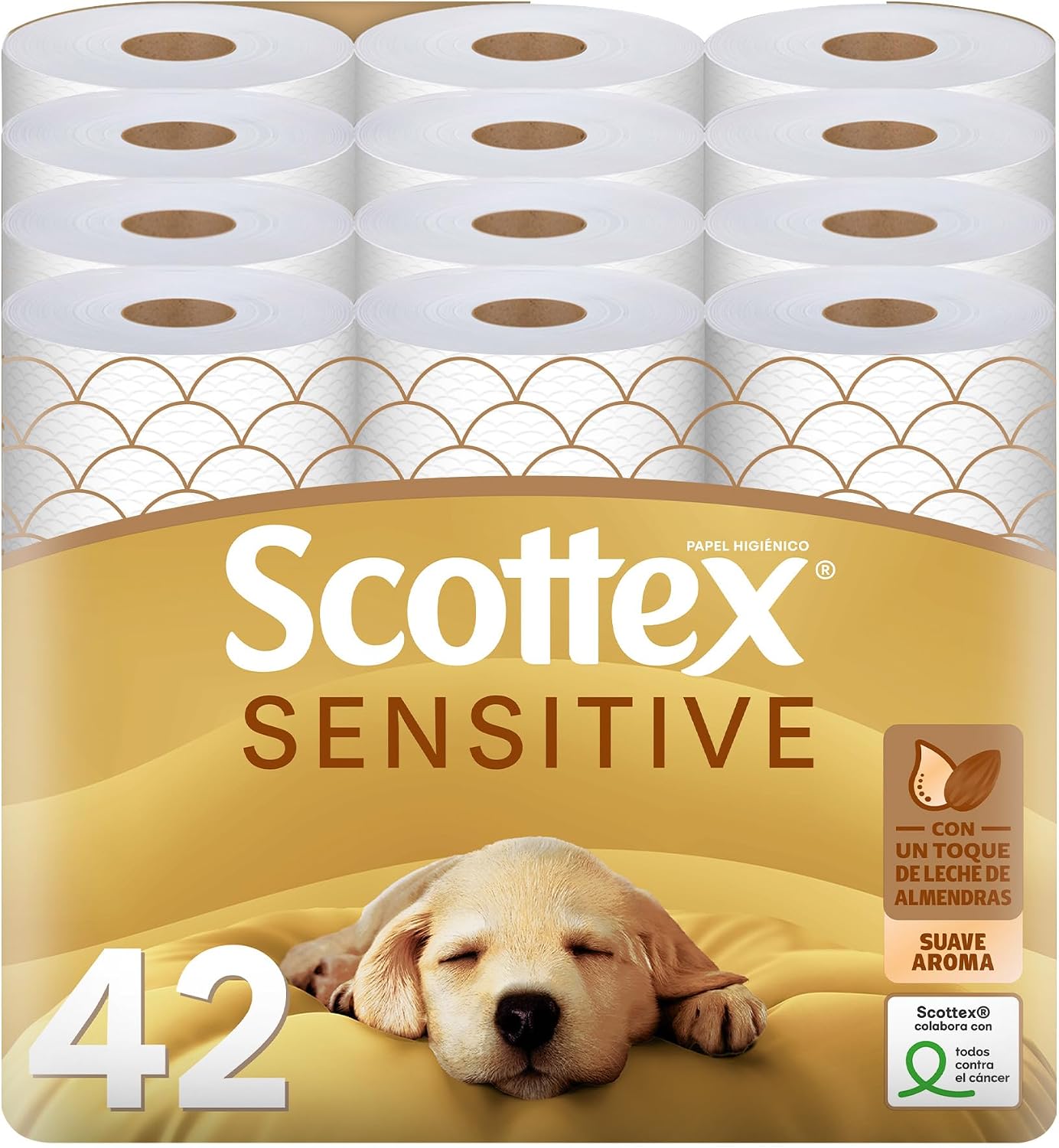 Scottex Papel Higiénico Sensitive 42 rollos con 3 capas cuidado delicado gracias al toque de leche de almendras (7 packs de 6 rollos)
