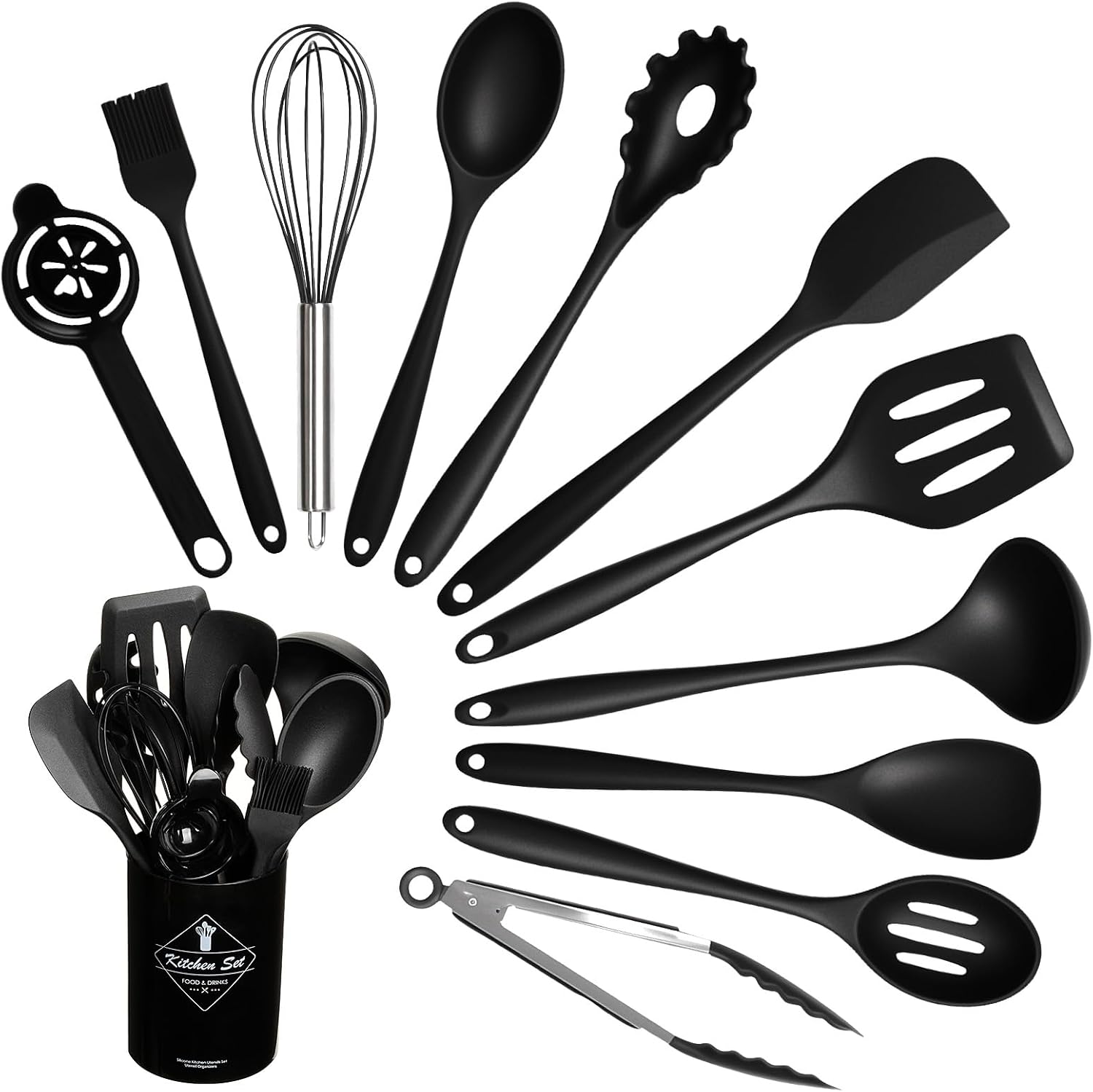 VINATO Juego de Utensilios de Cocina 12 Piezas de Silicona Alimentaria, Utensilios de Cocina sin BPA | Apto Lavavajillas, Negro