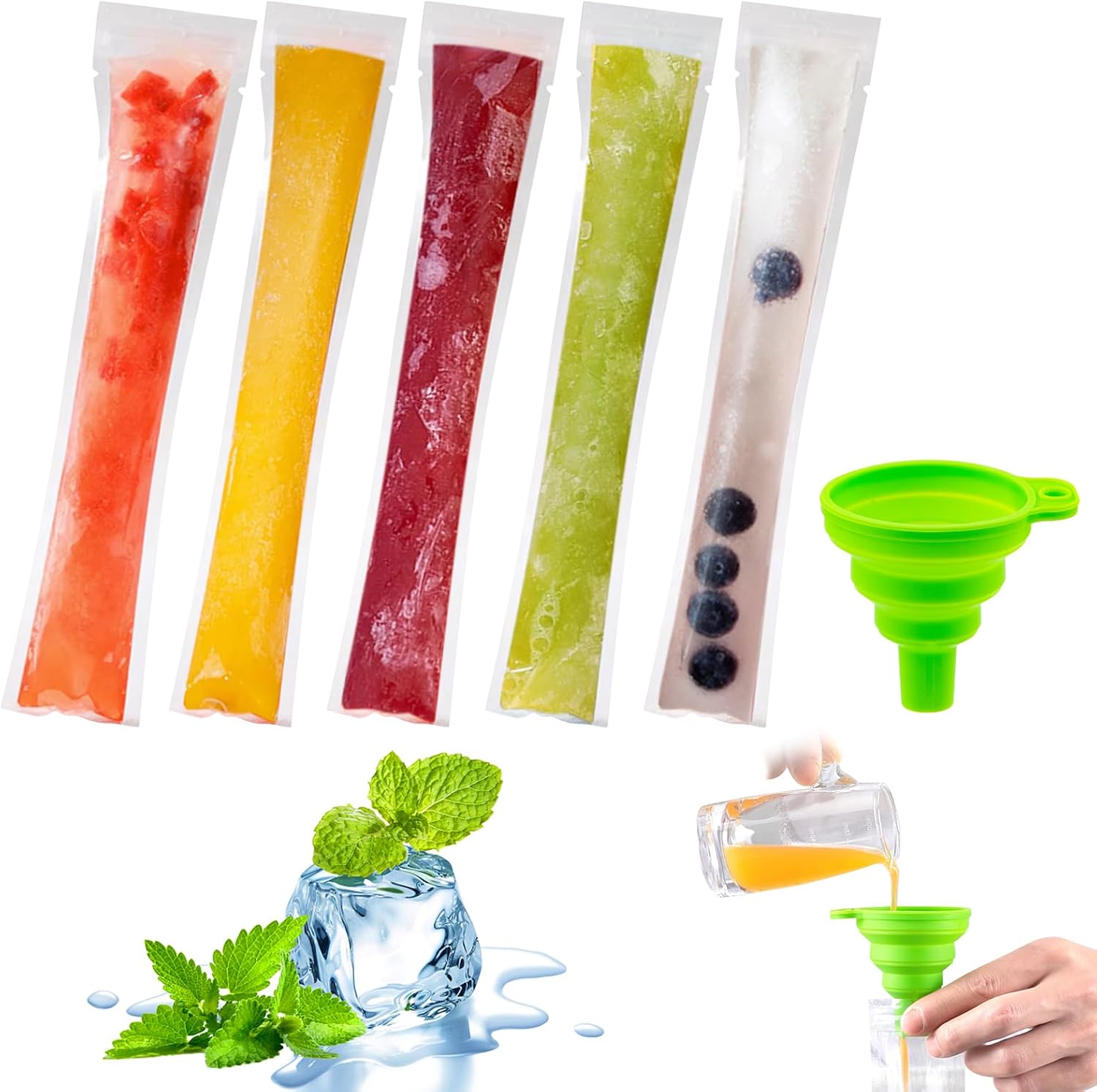 Bolsas para Helados, 50 Pack Moldes para Helados, Bolsa de Hielo, Snack casero Sano, congelador Pop, Bolsas de Molde para Paletas de Hielo,con para Yogur,Helado,Jugo (con Embudo Verde) (50)