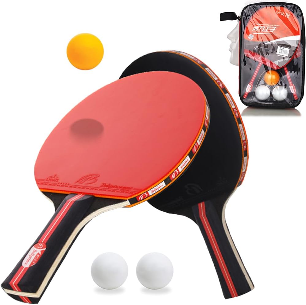 Amaza Palas Ping Pong, Set de Tenis de Mesa - 2 Raquetas Ping Pong y 3 Pelotas,Paleta de Ping-Pong para Principiantes, Expertos (7 Capas de Madera de álamo + Esponja Dealta Elasticidad de 2 mm)