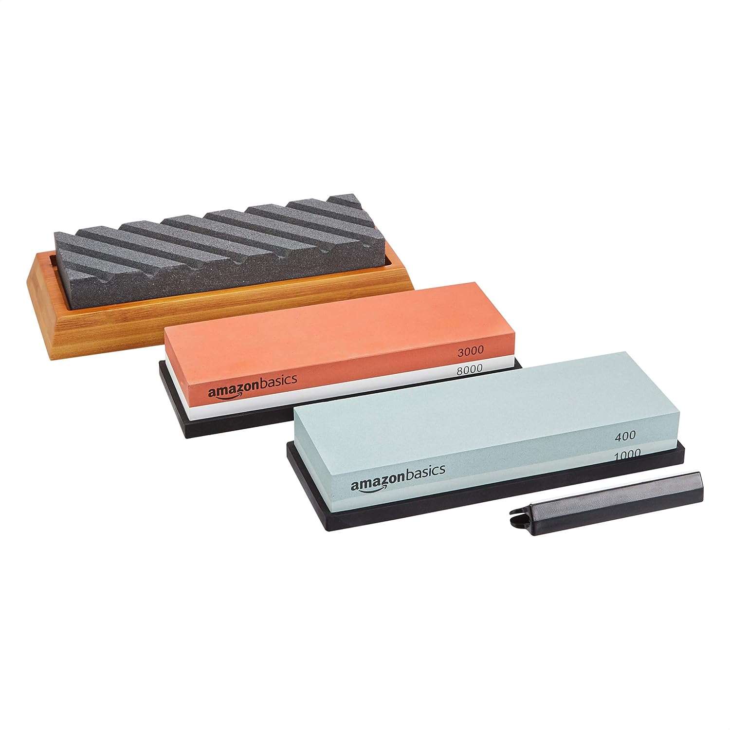 Amazon Basics Piedra de afilar de cuchillos de doble cara, grano 400/1000 con base de bambú antideslizante, color azul y rojo, 18 x 6,1 x 2,8 cm