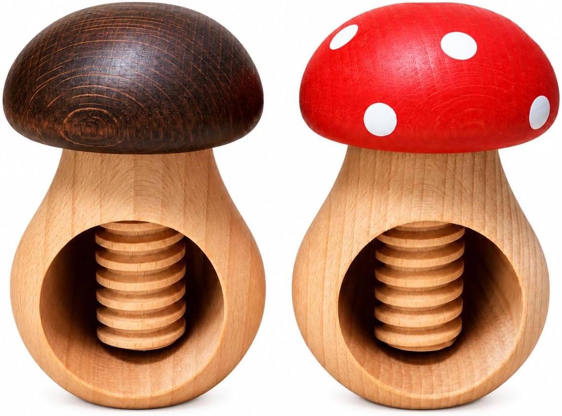 Wooden World 2 Juego de cascanueces Marrón oscuro y de ostra Cascanueces de madera de haya natural - SÚPER Sólido Set de cascanueces en forma de hongo