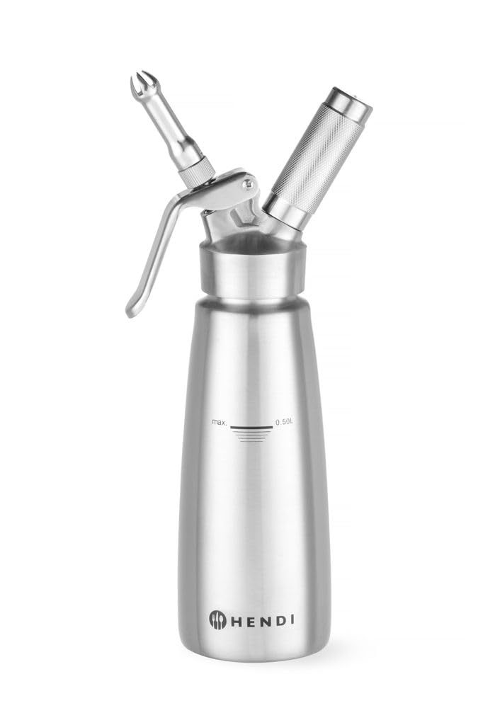 HENDI Sifón de nata, con 3 boquillas diferentes, soporte para el cargador y cepillo de limpieza, para nata montada, mousses, postres, 0,5L, ø85x(H)235mm, acero inoxidable