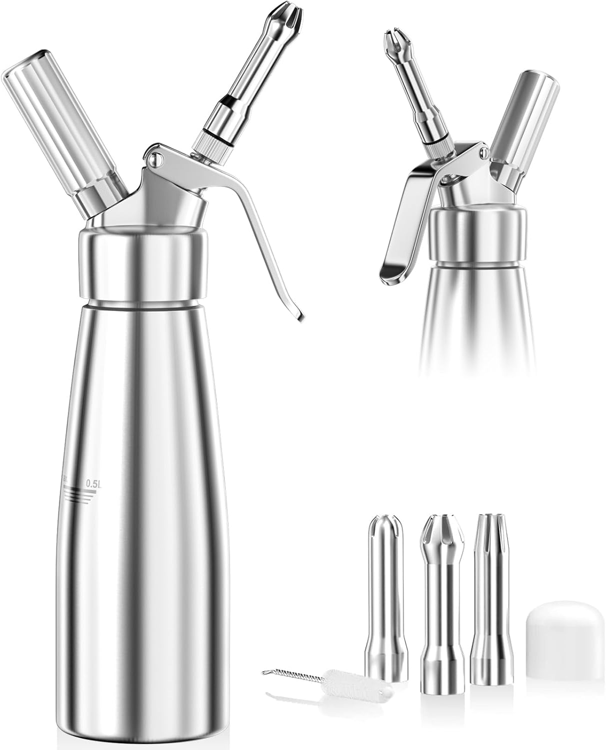 Newaner 500 ml sifón de cocina espumas, sifon de nata aluminio con 3 boquillas acero inoxidable y 1 cepillo, dispensador de crema para decorar pasteles de cumpleaños, pastelería, helados y postres