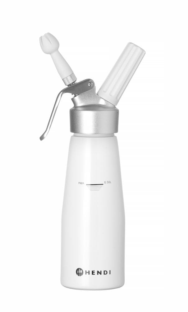 HENDI Sifón de Nata, con 3 boquillas Diferentes, Soporte para el Cargador y Cepillo de Limpieza, para Nata montada, mousses, postres, 0,95L, ø95x(H) 320mm, Aluminio, Blanco