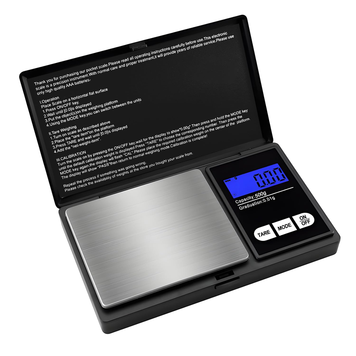 GeekerChip Báscula de Precisión 500g / 0.01g, Báscula de Joyería,Balanzas de Portátiles,con Pantalla LCD y Unidades, Función de Tara,Plataforma de Acero Inoxidable,Negro