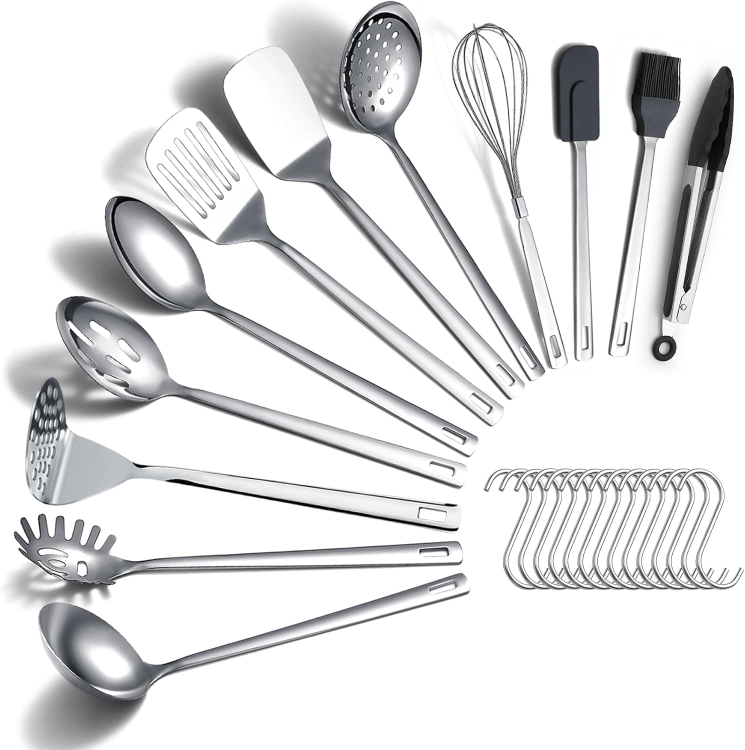Juego de utensilios de cocina de acero inoxidable de 26 piezas, juego de espátulas de metal resistentes y resistentes con ganchos pulidos a espejo duraderos para todas las tareas de cocina