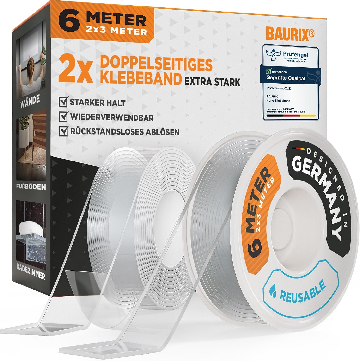BAURIX® Cinta Doble Cara Extrafuerte 2x 3 m – Nano, transparente y lavable