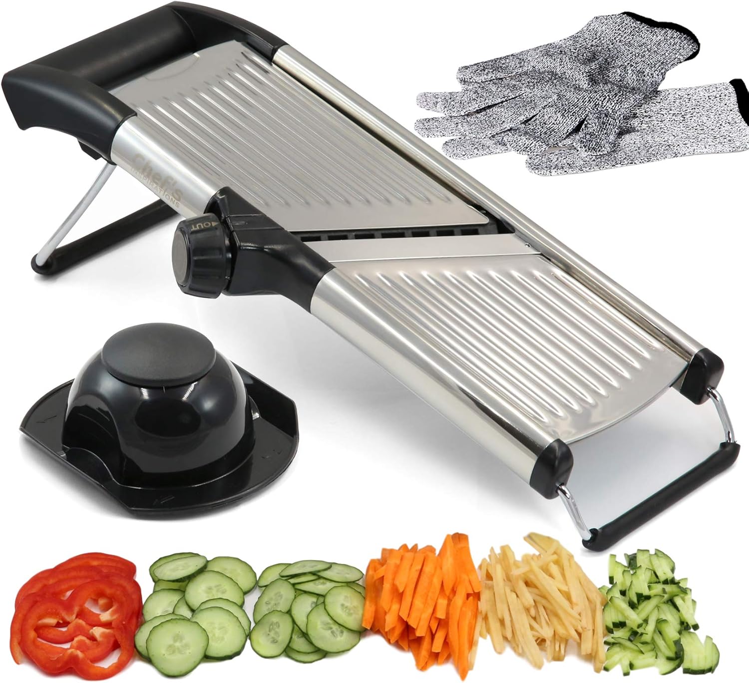 Rebanadora de Mandolina ajustable. Lo mejor para cortar alimentos, frutas y verduras. Rebanadora de Grado profesional para corte juliana. Con guantes a prueba de corte