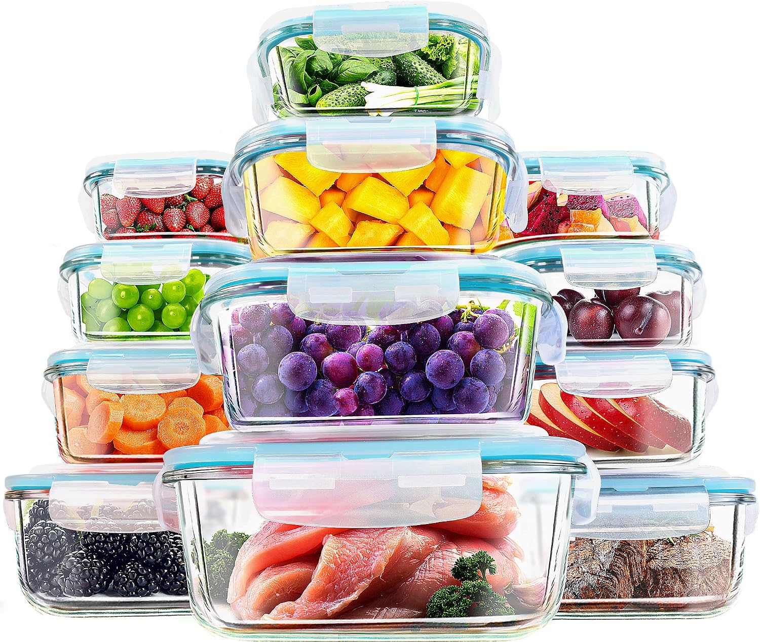 KICHLY - Recipientes De Vidrio Para Alimentos - Paquete De 12 Recipientes Herméticos Para Alimentos Con Tapas Transparentes - Aptos Para Lavavajillas Y Microondas, Sin BPA