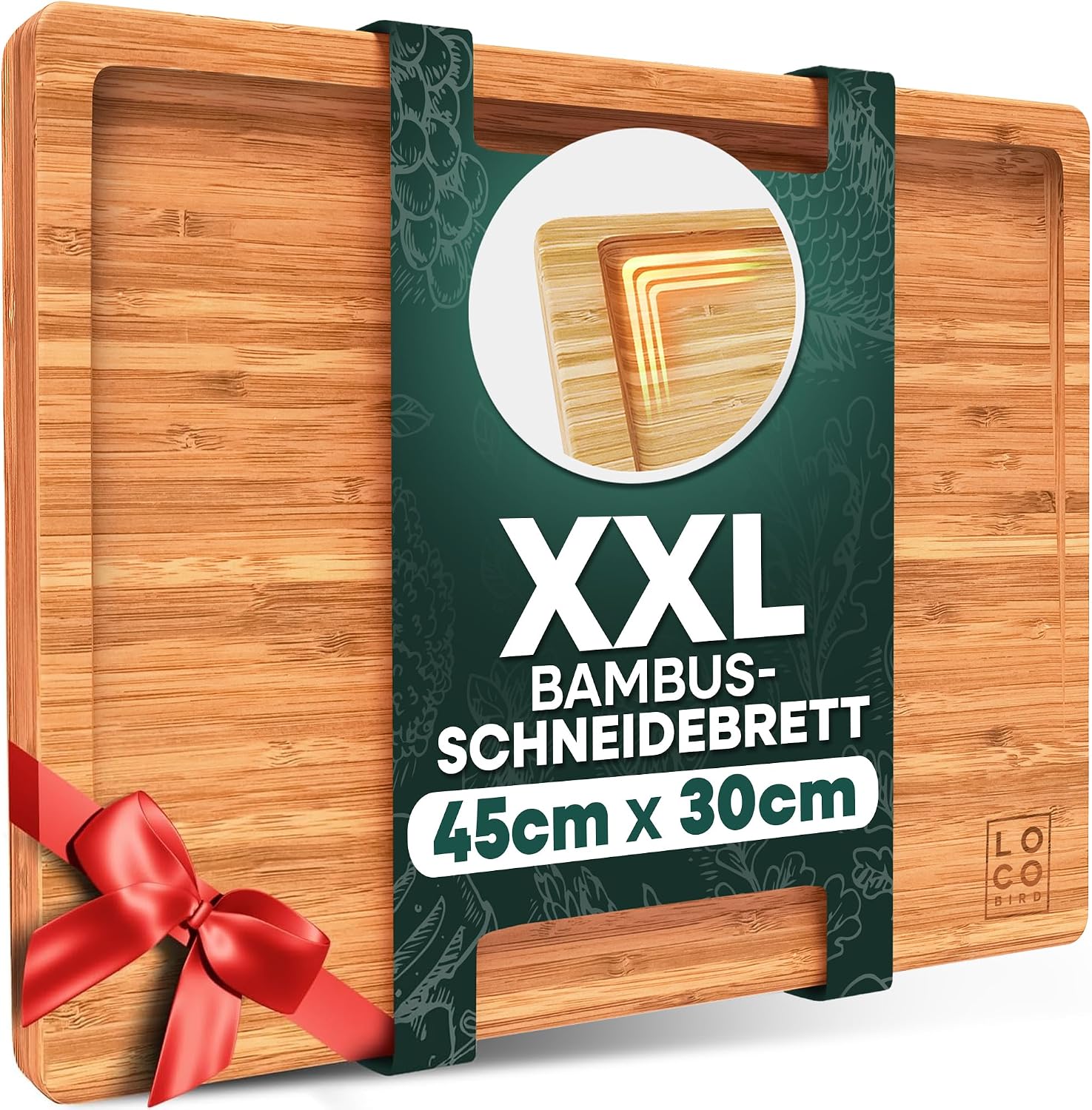 Loco Bird Tabla Cortar Cocina de bambú macizo con ranura de jugo - tabla de madera grande de 44,8x30x2 cm para la cocina - antibacteriana