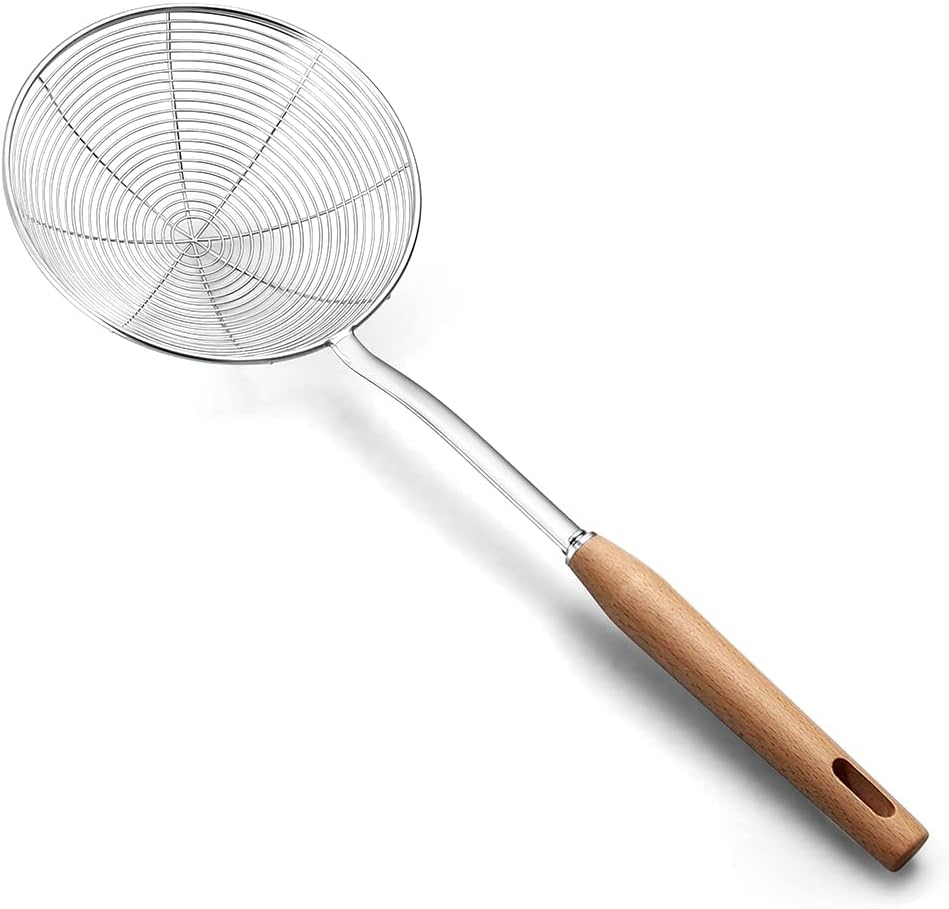 AOOSY Colador de araña extra grande de 7.9 pulgadas con mango de madera, cucharón colador de acero inoxidable para cocinar, freír y filtrar aceite (20 cm)