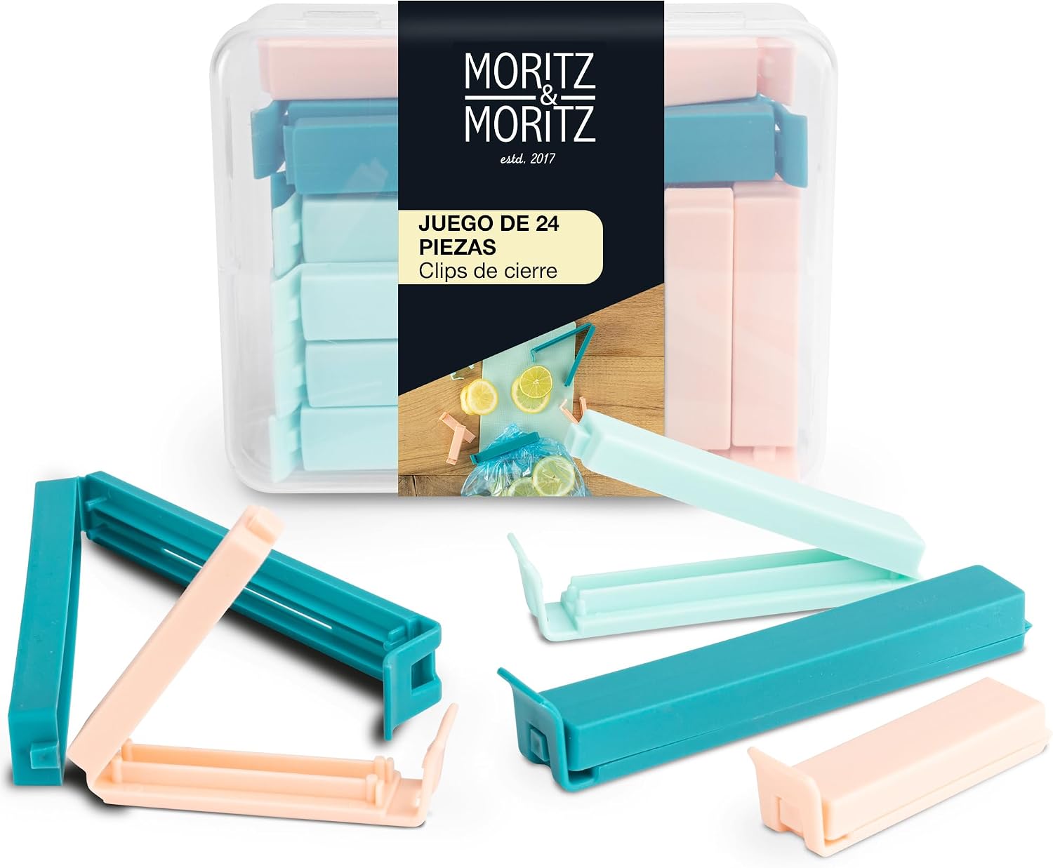 Moritz & Moritz 24 x Pinzas Bolsas Alimentos - Pinzas Cocina Bolsas Clip - Cierra Bolsas Plastico in Caja Transparente - 3 Colores (Menta, Rosado)