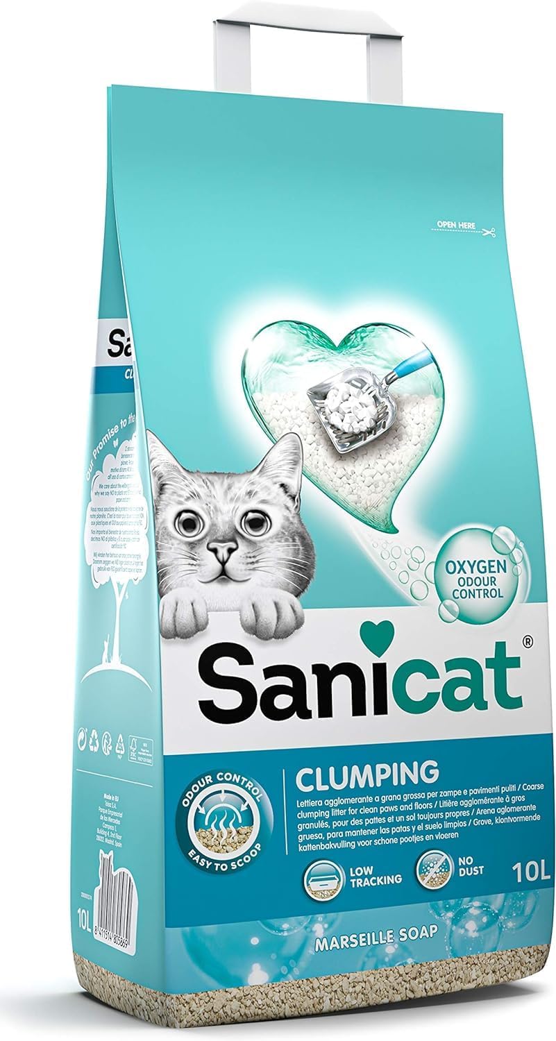 Sanicat - Arena para Gatos Aglomerante Sin Perfume | Hecha de minerales con Control de Olor garantizado | Absorbe la Humedad y facilita la Limpieza | 10 L de Capacidad