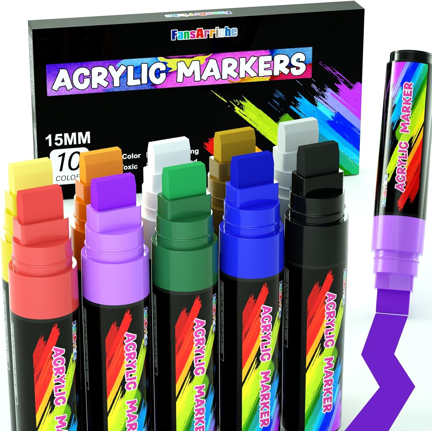 FansArriche Rotuladores Acrílicos, 10 Colores de Punta de Fieltro 15 mm