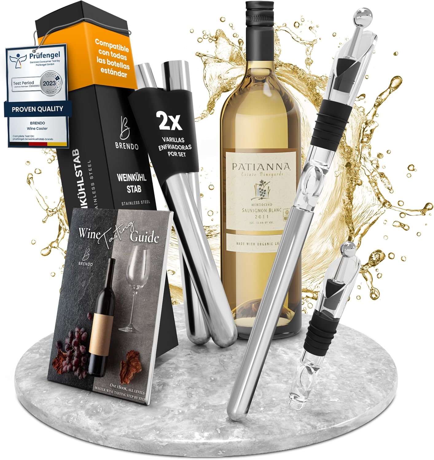 Brendo Enfriador de Botellas de Vino 4 en 1 – Varillas Enfriadoras de Acero Inoxidable en 2 Longitudes + Vertedor + Decantador + Tapón | Set de Regalo para Hombres y Mujeres | Accesorios para Vino