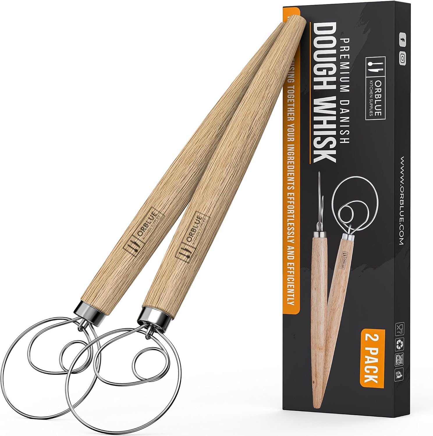 Batidor Danés ORBLUE, Set de 2 Piezas, Mezclador de Masa Manual, Ideal para Masa de Pan, Batidora Danesa con Gancho de Masa