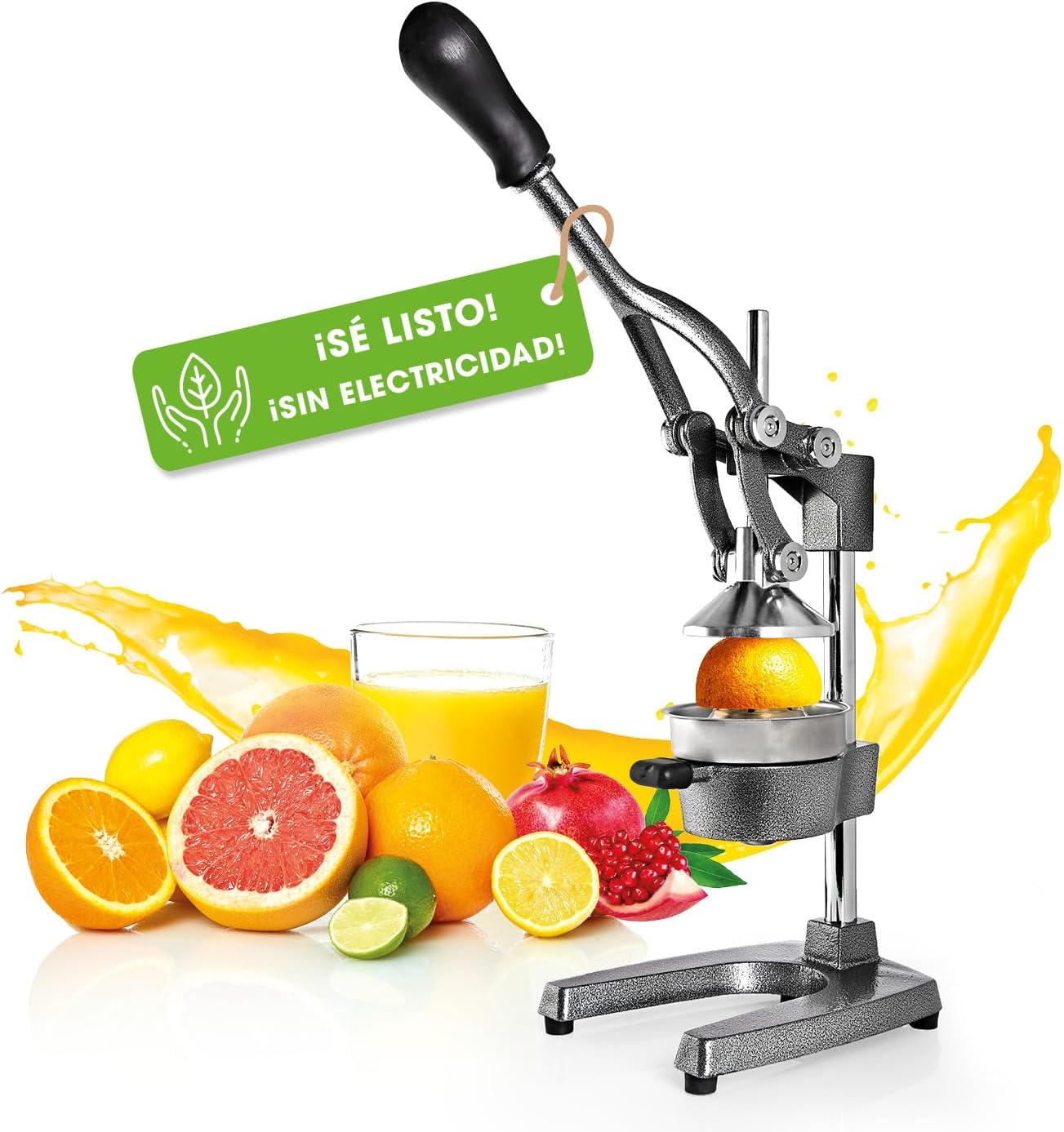Lumaland Exprimidor manual de acero inoxidable | Exprimidor de cítricos elegante y muy silencioso | Potente para obtener mucho más zumo, simplemente exprima zumos frescos