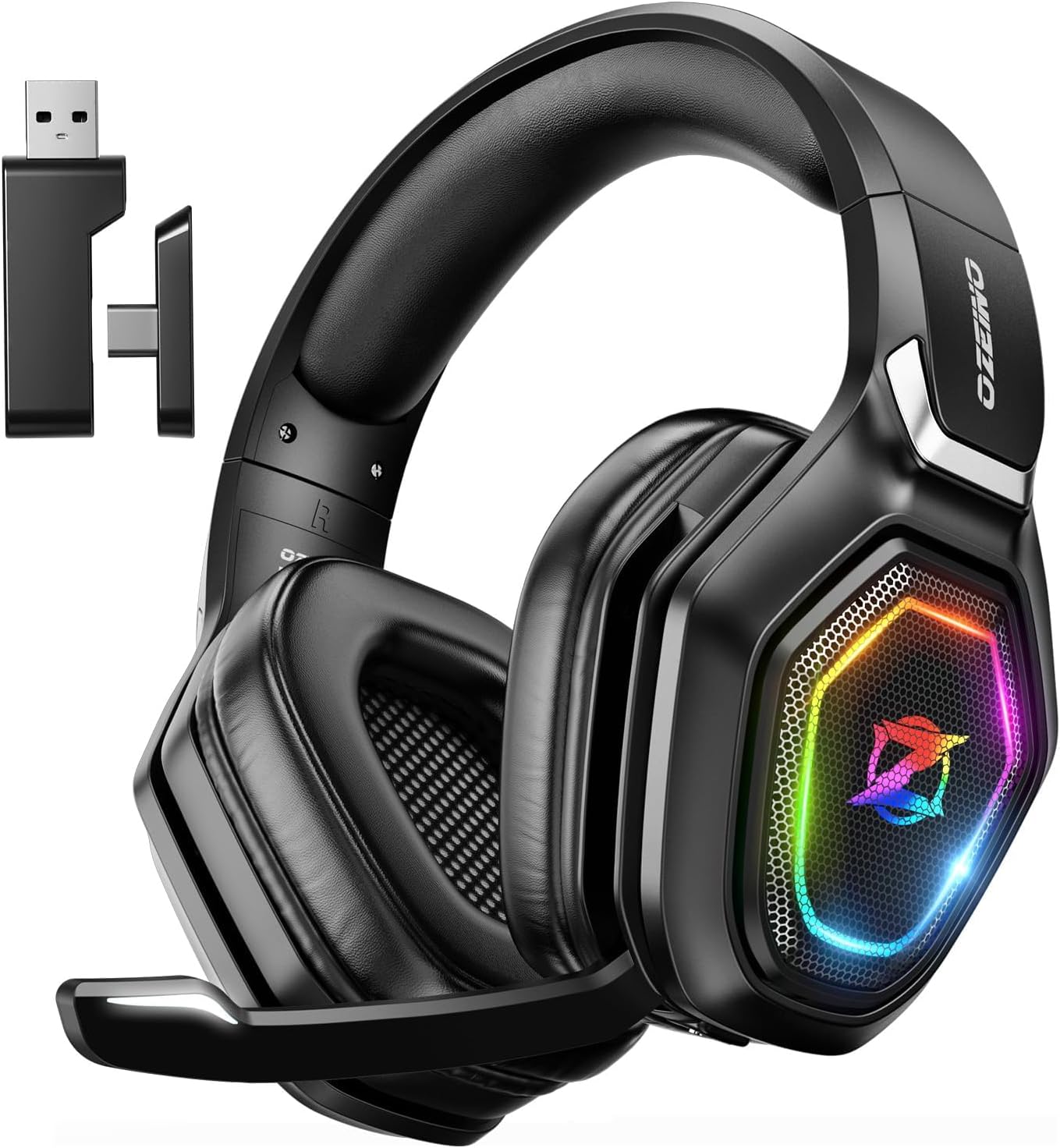 Ozeino Cascos Gaming Inalámbricos para PC/Ps5/Ps4, Auriculares Gaming Inalámbricos de 2,4GHz Wireless+Bluetooth, Baja Latencia Calidad de Sonido sin Pérdidas, Duración 30Hr+ Blanco
