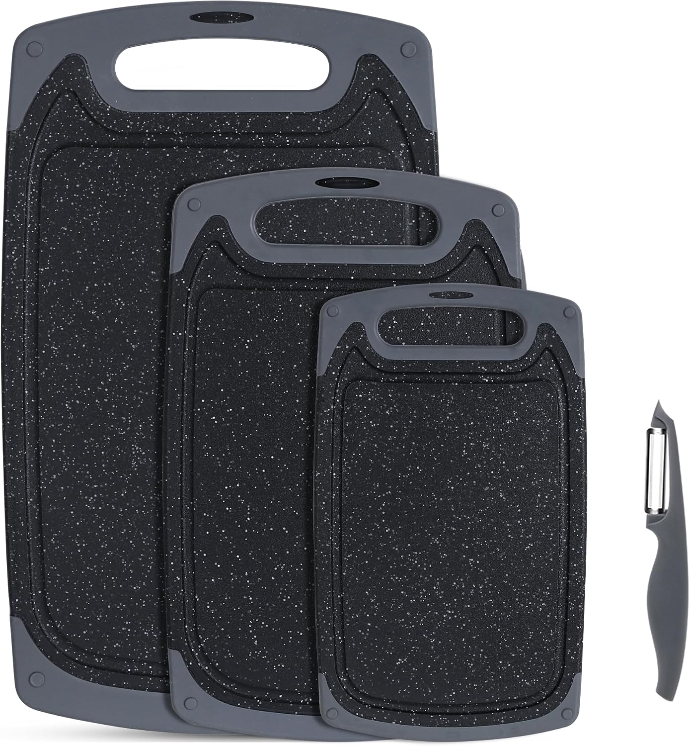 SKERITO Juego de tablas de picar de cocina de plástico sin BPA con patas antideslizantes y ranura profunda para goteo de jugo aptas para lavavajillas 3 piezas