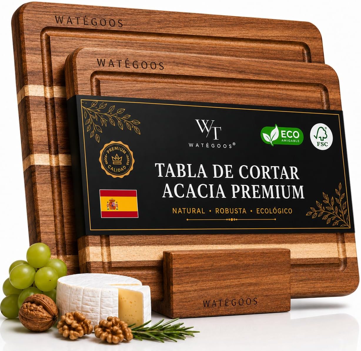 Pack 2 Tablas de Cortar Cocina de Madera Acacia + Soporte Incluido
