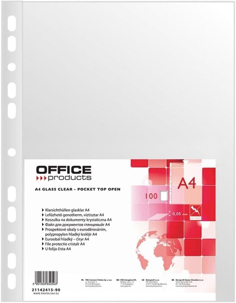 Fundas perforadas para productos de oficina PP A4 Cristal 50 micras 100 piezas/Archivo de documentos/tipo-cristalino/Kind-Standard/Material-PP/Color-Transparente/Formato-A4/Grosor (mm)-50