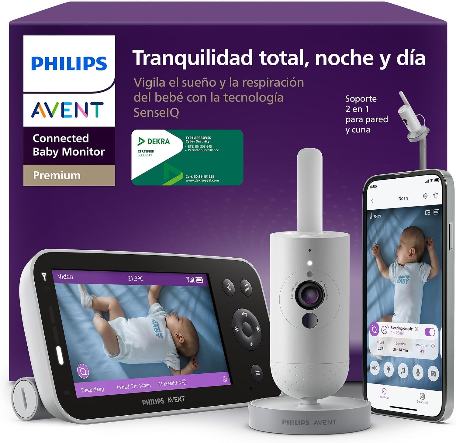 Philips Avent vigilabebés conectado Premium, el monitor más avanzado de Avent hasta la fecha, seguimiento del sueño y la respiración por IA, traducción del llanto, SCD973/26