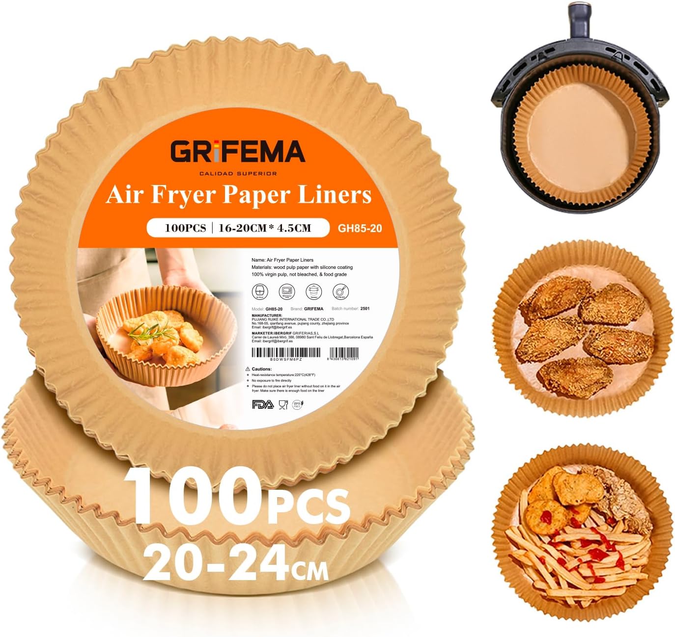 GRIFEMA Papel Freidora Aire para Cosori Cecotec 2-4 L, 100 Unidades