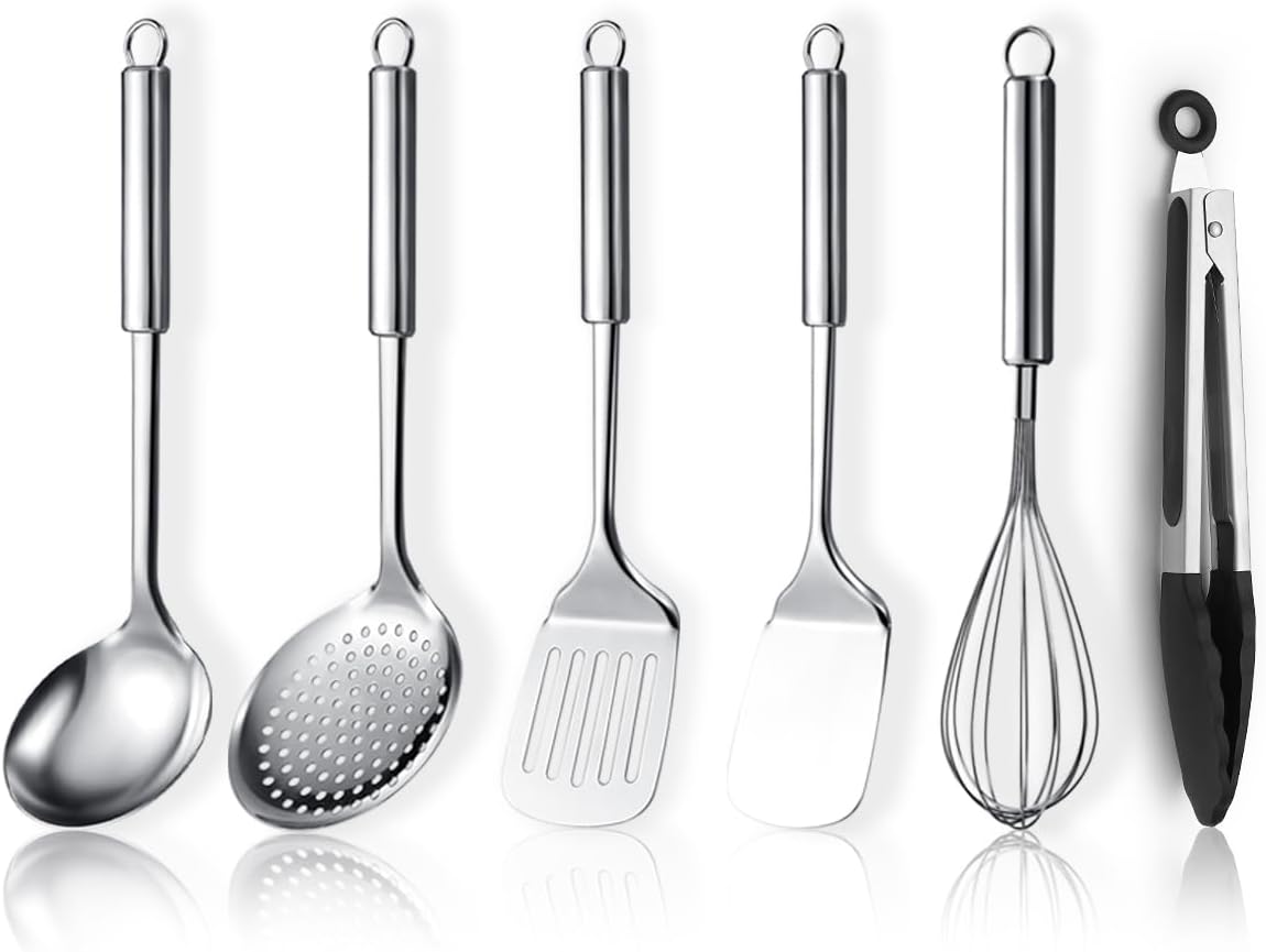 Juego de utensilios de cocina de acero inoxidable 6 piezas incluye juego de espátula de metal, espumadera, cucharón, pinza, batidor esenciales Nuevo hogar debe tener
