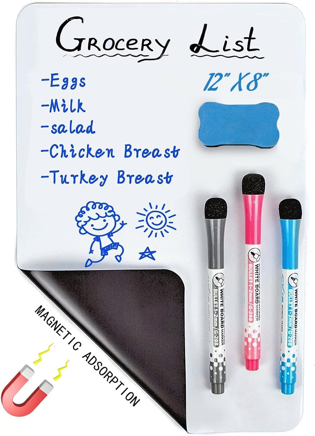 A4 Pizarra blanca magnetica para nevera,pizarra magnética de planificación o lista de tareas pendientes,A4 whiteboard Nevera con 3 Rotuladores Pizarra Blanca,1 Goma de Borrar