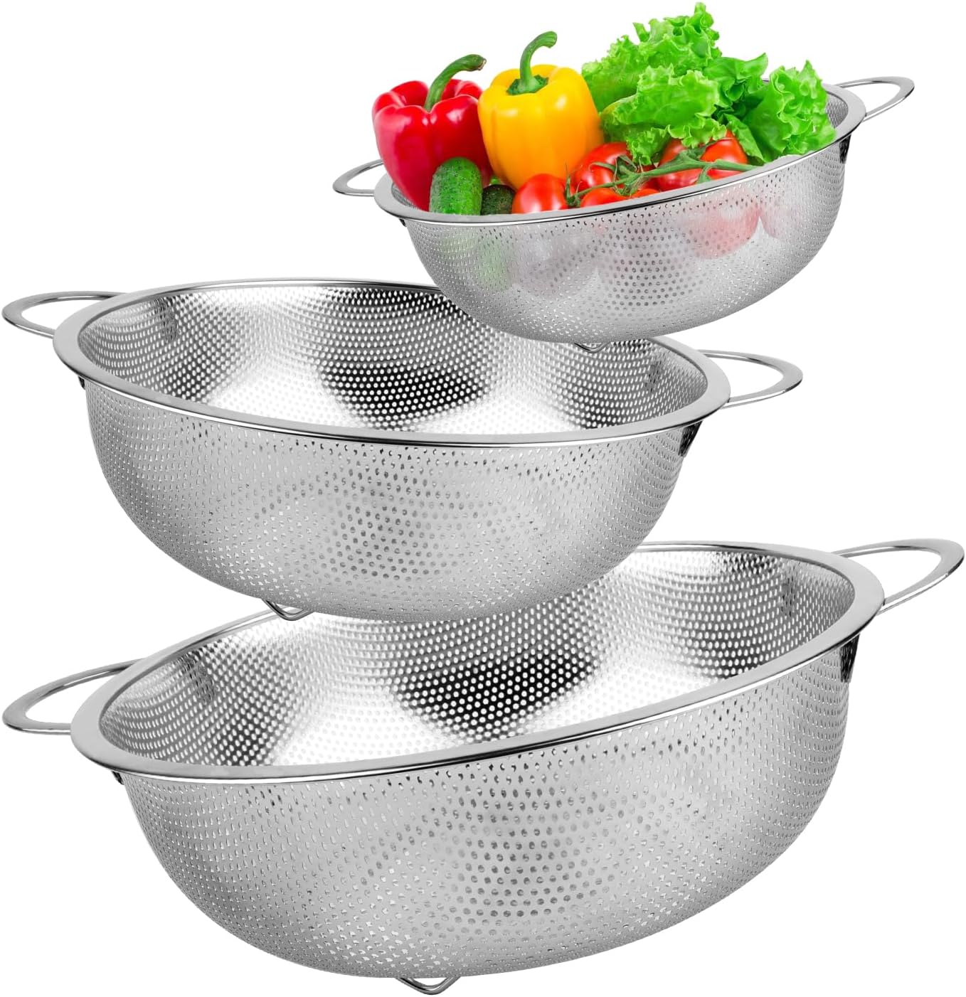 NVIYAM 3pcs Colador de Cocina, Acero Inoxidable con Asas, Juego de Coladores de Cocina Microperforado Pulido Brillante, Colador de Cocina Para Pasta, Frutas, Arroz, Verduras,Apto para Lavavajillas