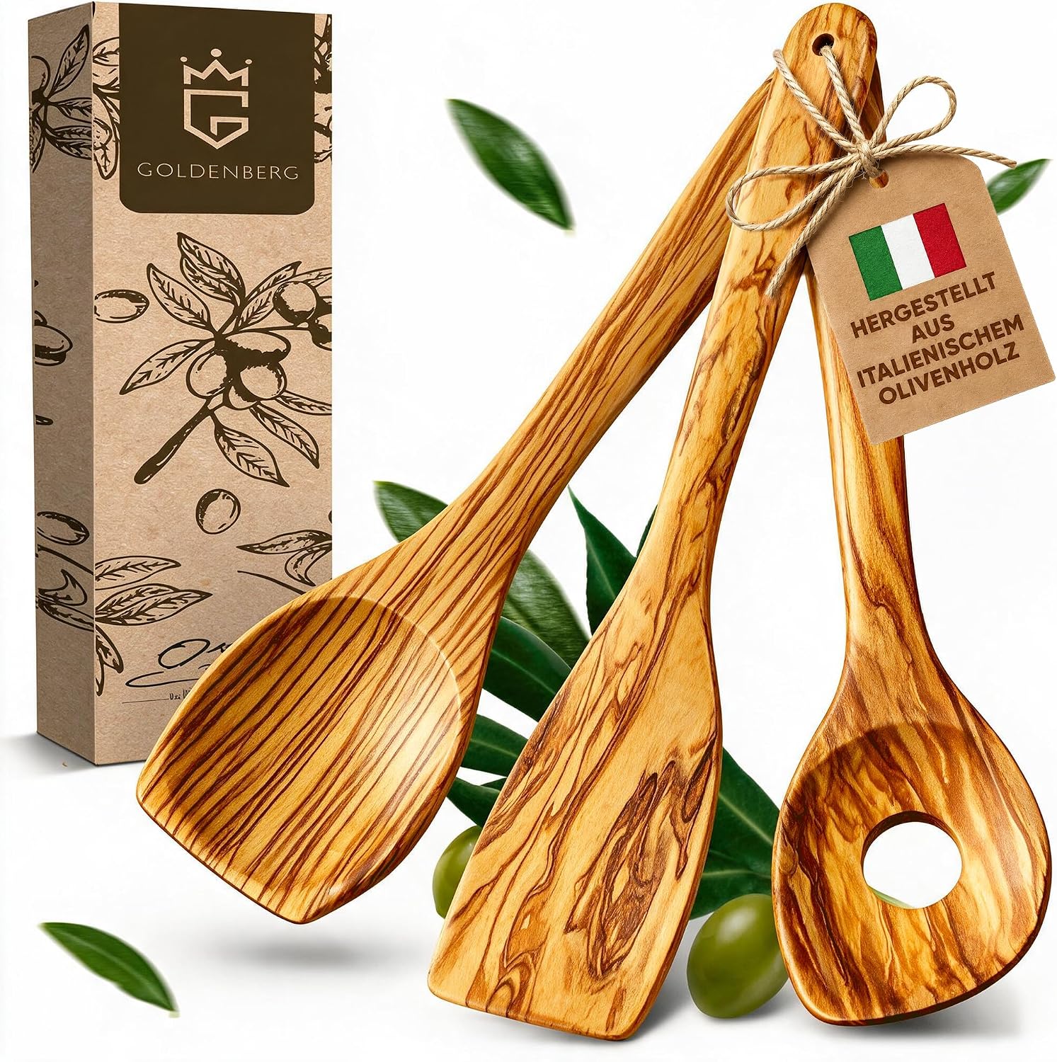 GOLDENBERG® Juego de cucharas de cocina de madera, madera de olivo italiana, antibacterianas y resistentes al calor, espátula de madera para asar y como cuchara de cocina, ideal para sartenes