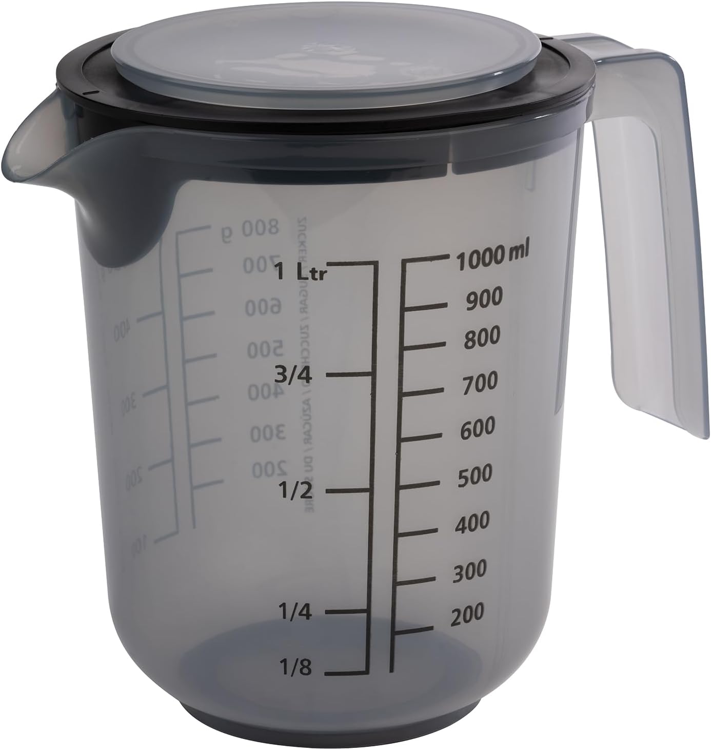 APS 30072 - Jarra medidora con tapa, con escalas de medición para líquidos (l/ml), azúcar (g) y harina (g), volumen 1 litro/diámetro de 12,5 cm/altura 16 cm/apto para lavavajillas, color gris