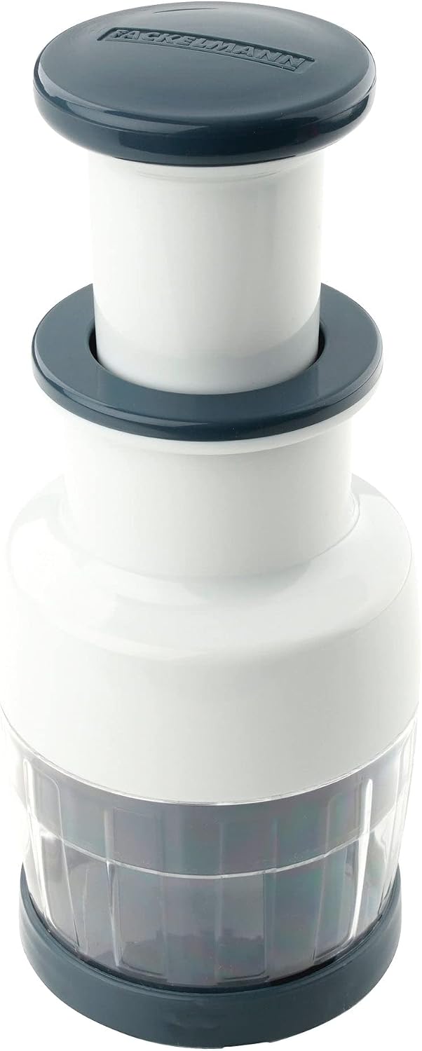 FACKELMANN Picadora de Verduras easyprepare, machacador de verdurs, trituradora de verduras en plástico y acero inoxidable de admirables calidades, blanco y azul, 1ud.