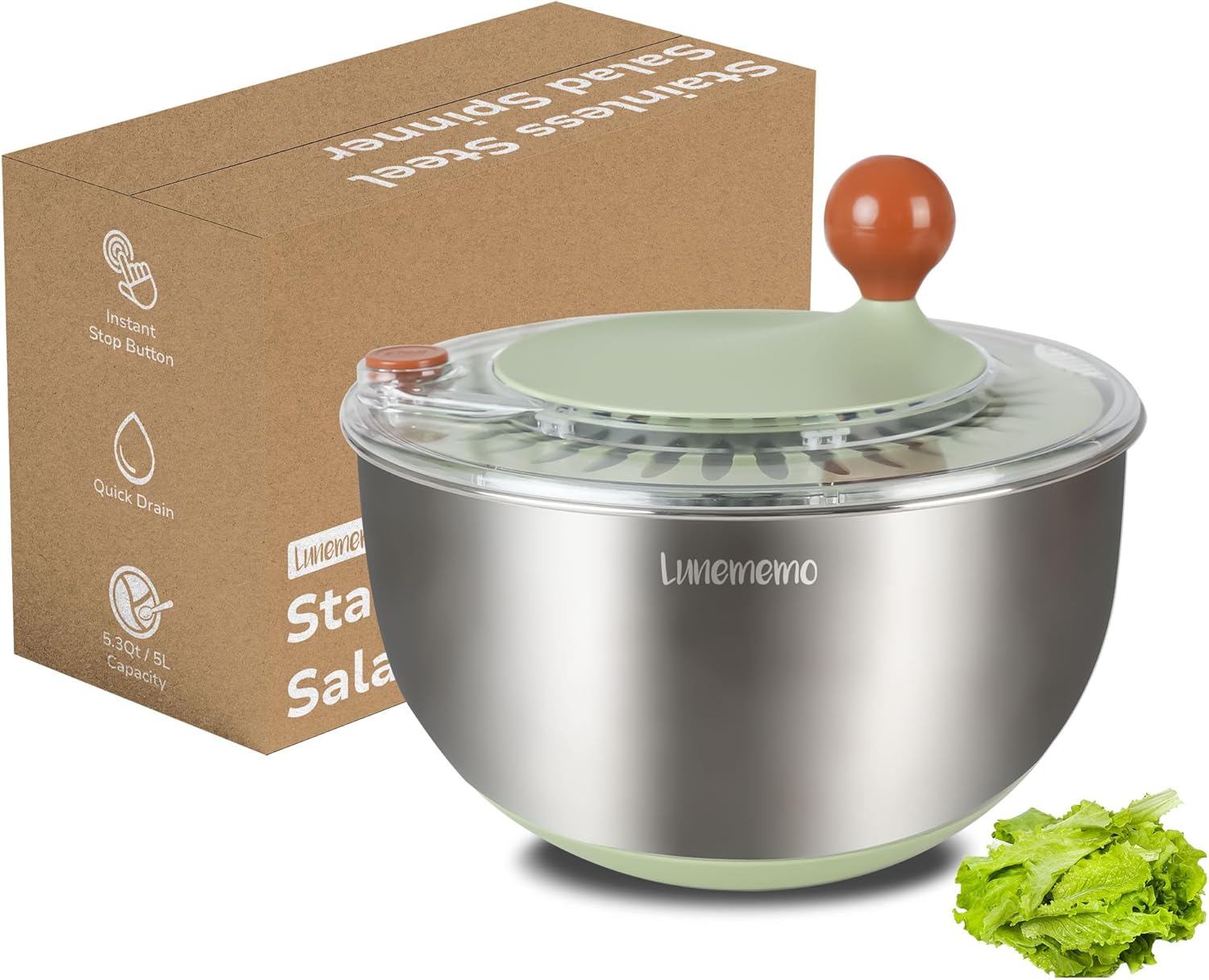 Lunememo Centrifugador Lechuga Acero Inoxidable 18/10, Escurridor Ensalada con Salida de Drenaje, Base Antideslizante, Botón de Parada, Sin BPA, 5L