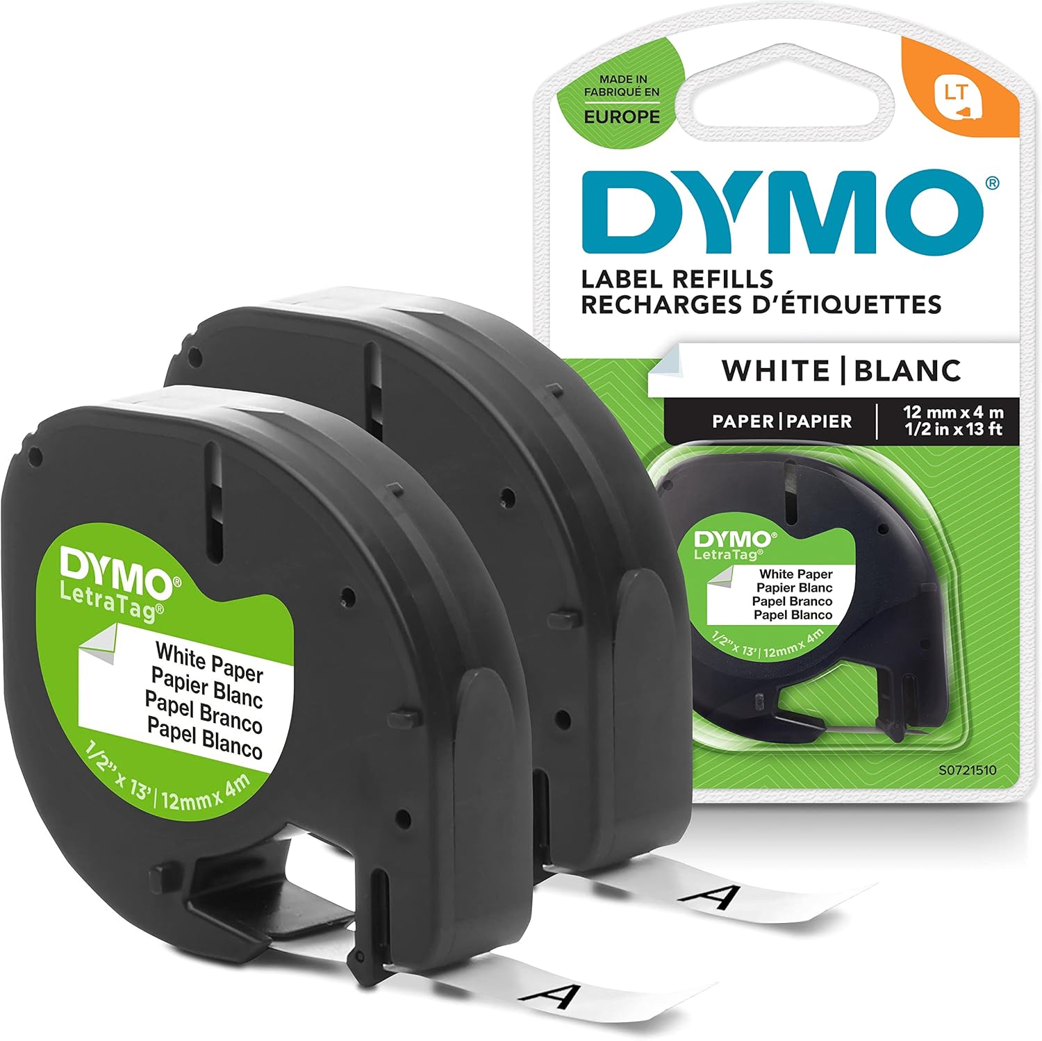 DYMO LetraTag Etiquetas de papel | Auténticas | Rollo de 12 mm x 4 m | Impresión en negro sobre etiquetas blancas | Etiquetas autoadhesivas multiuso para etiquetadoras LetraTag | 2 unidades