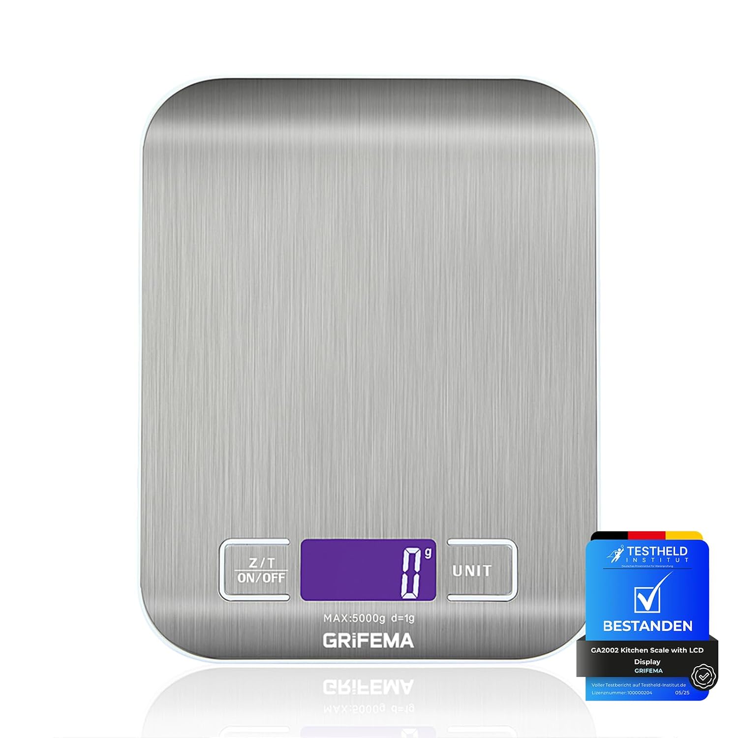 GRIFEMA - GA2002, Báscula de Cocina con Pantalla LCD, Acero Inoxidable, Balanza de Alimentos Multifuncional 5 kg/11 lbs, Color gris: Color de pantalla: Azul [Exclusivo en Amazon]