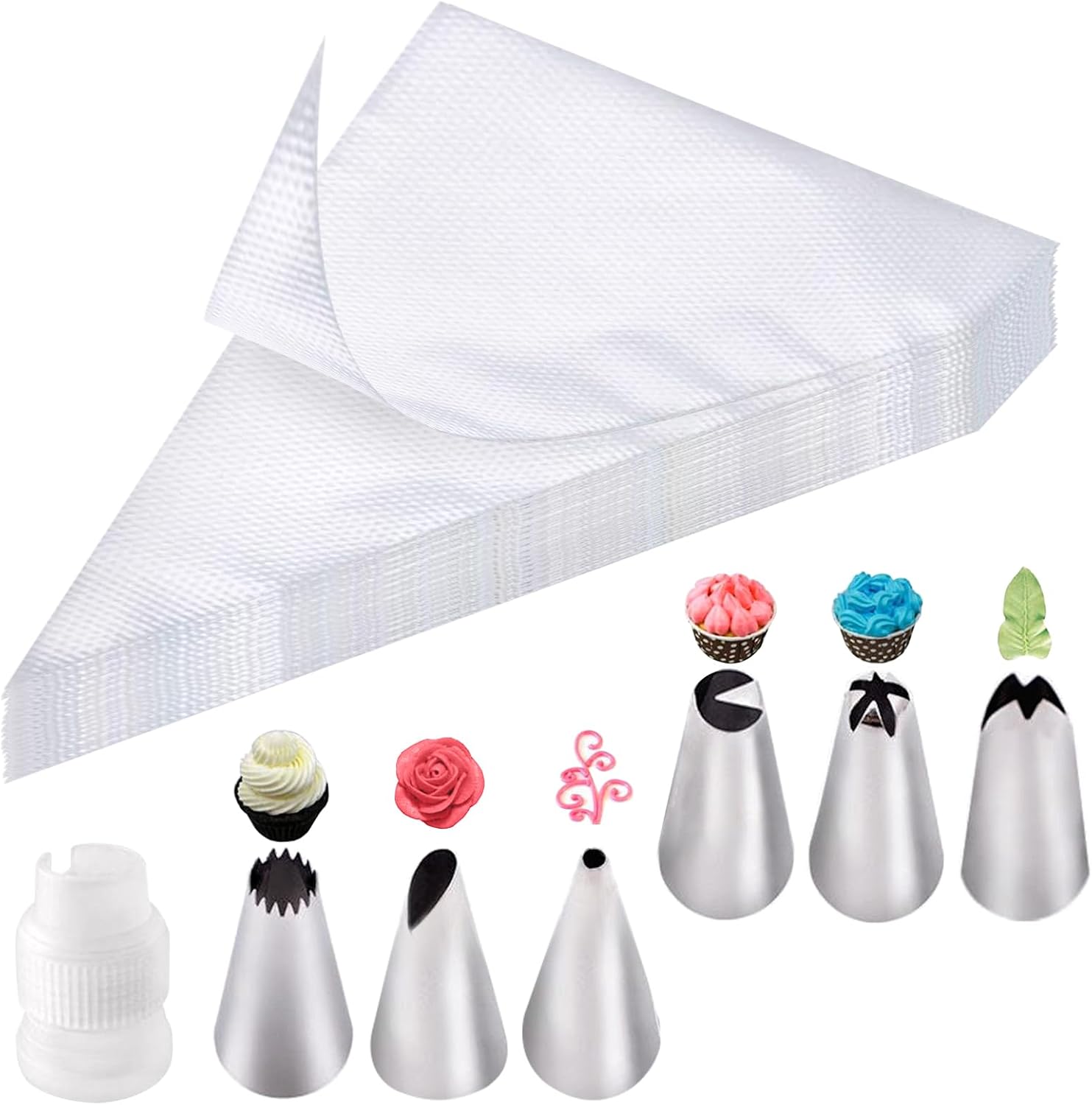 100 Piezas Mangas Pasteleras, Bolsas de Pastelería Mangas con 6 Boquillas Y 1 Convertidor, Mangas Pasteleras Desechables para Decoración de Cupcakes, Pastelería, Dulces, Tartas
