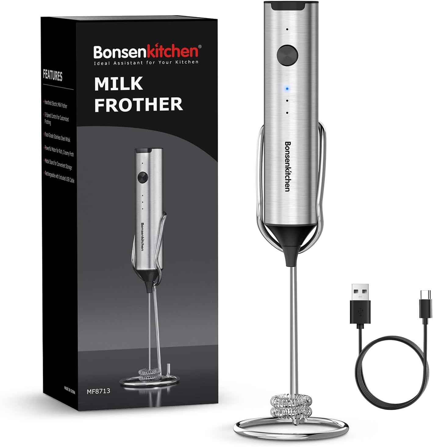 Bonsenkitchen Espumador de Leche Recargable con Soporte, 3 Velocidades