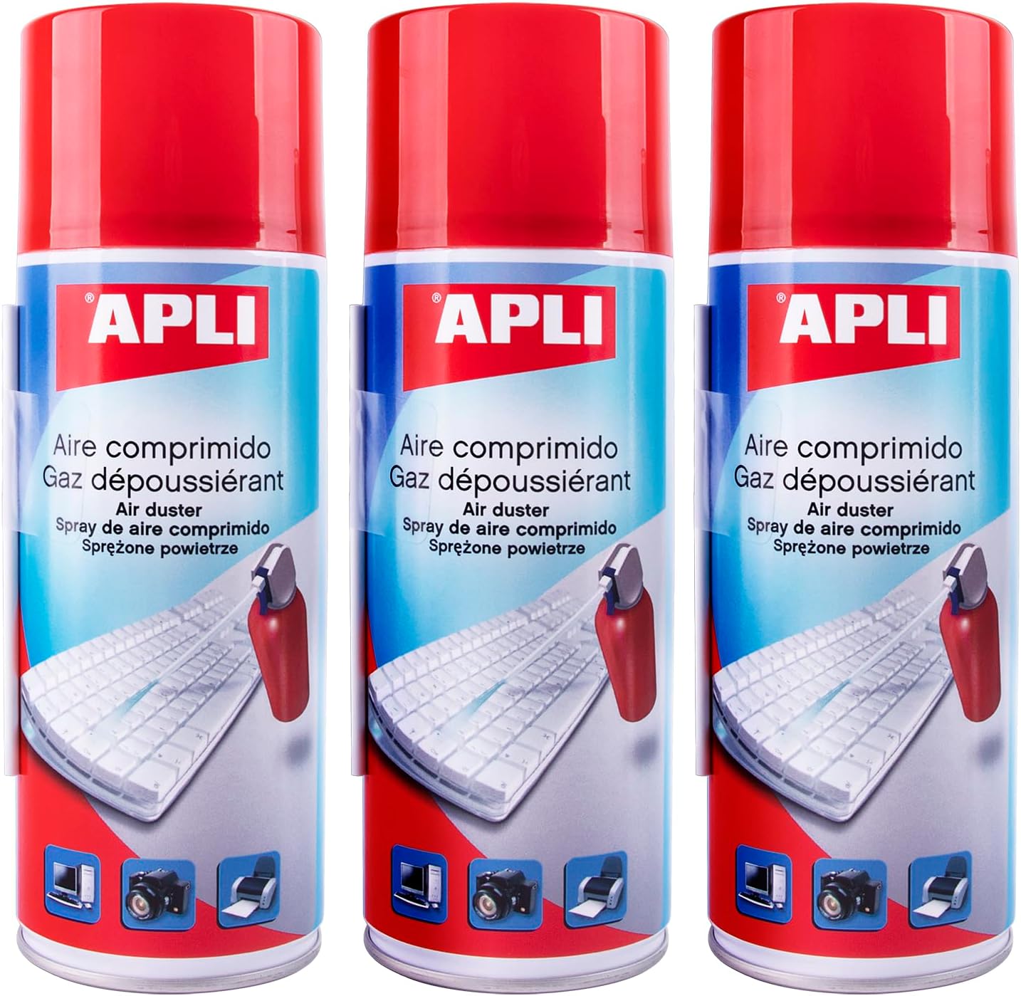 APLI 19657- Pack de 3 Aires comprimidos de limpieza en seco; 3 sprays de 400 ml. Aerosol apto para teclados, ordenadores y dispositivos electrónicos