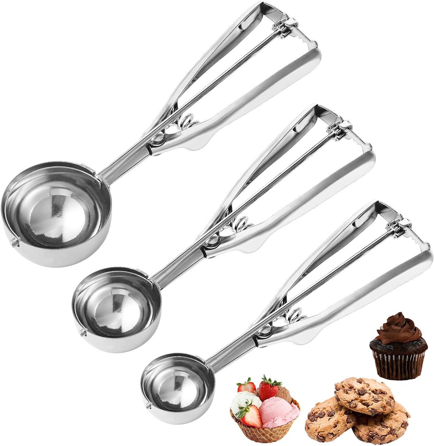 Cuchara para galletas, juego de 3 cucharas de masa de galletas para hornear 1 cucharada, 2 cucharadas, 3 cucharadas, cuchara de helado de acero inoxidable con liberación de gatillo para cupcakes
