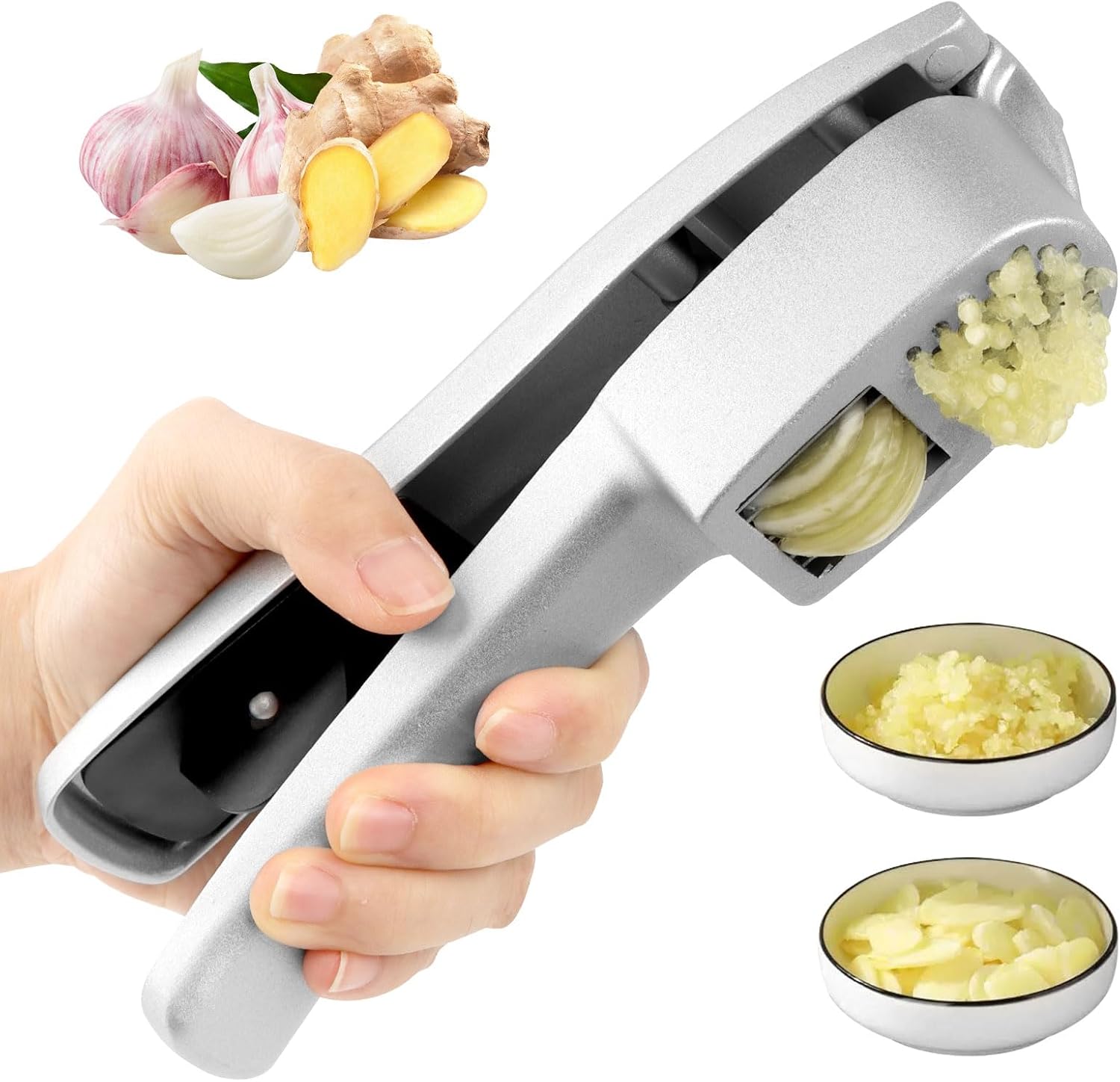 VFANDV Prensa de Ajo Profesional para Cocina, Prensa Ajos Acero Inoxidable, Picadora y Cortadora de Ajos 2 en 1, Superfácil de Usar y Limpiar, Prensa de Ajos Apta para Lavavajillas