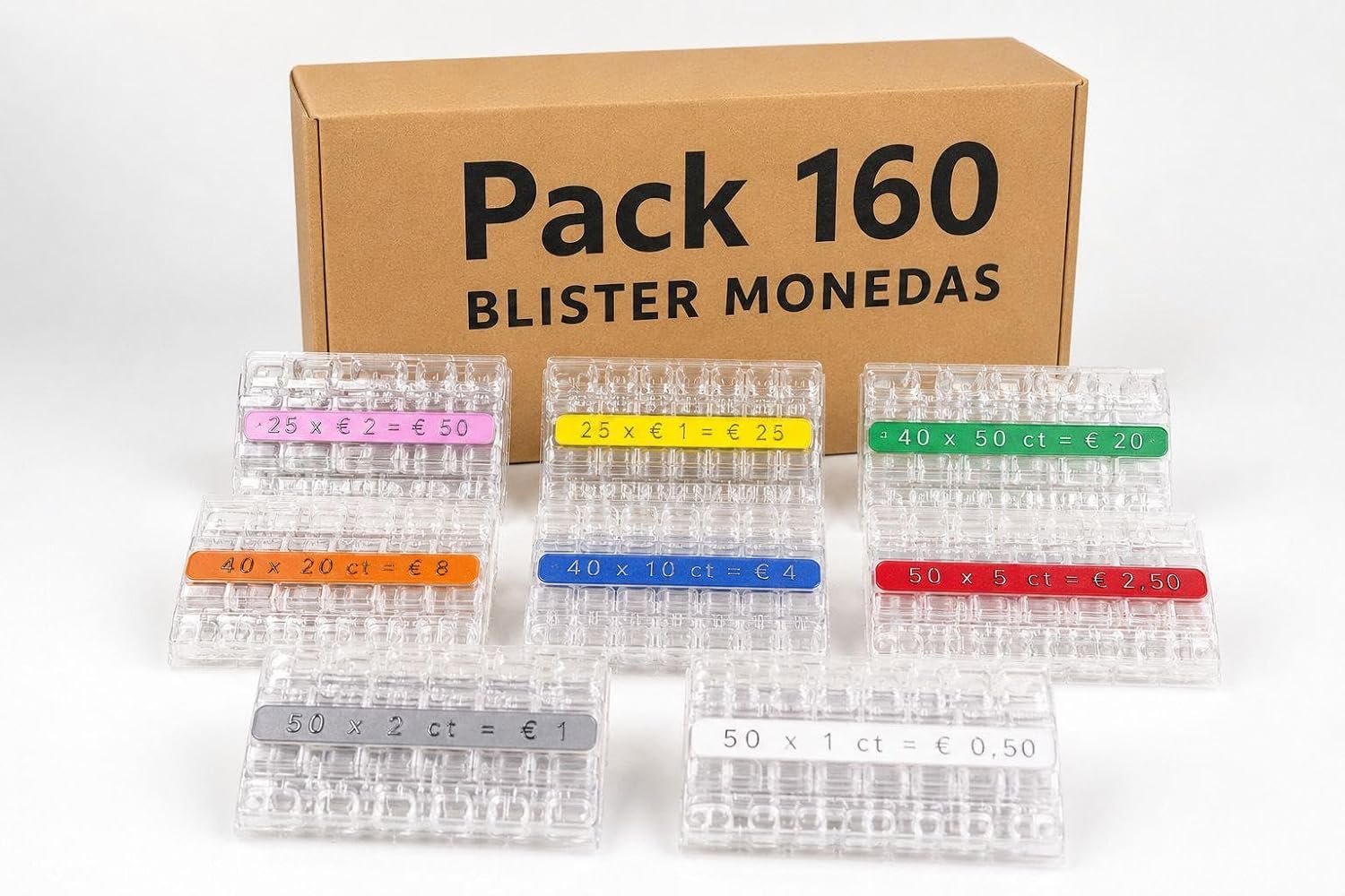 160 Blíster para Monedas Euro – 20 x Céntimo 1, 2 y 5 | 20 x 10, 20 y 50 Céntimos | 20 x 1 Euro | 20 x 2 Euros | Organizador y Clasificador de Monedas