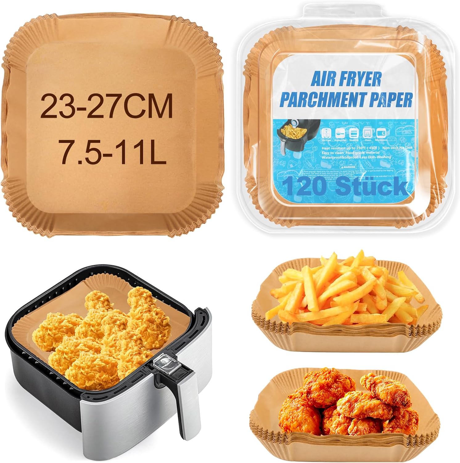 120 Piezas Papel Freidora Aire 23-27cm, Papel para Freidora de Aire Impermeable a Prueba de Aceite 7-12L Air Fryer Papel Horno Accesorios Freidore de Airi para Cosori Philips Ninja Cecotec XXL