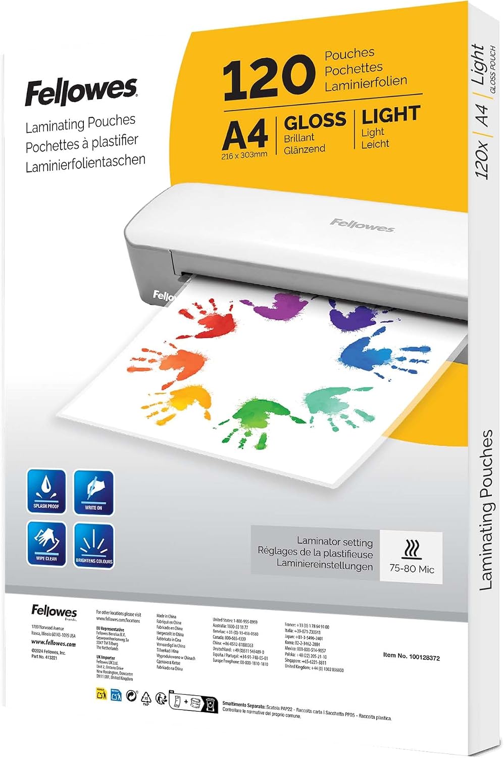 Fellowes Pack de 120 fundas de plastificar A4, Acabado brillo, 120 unidades - Adecuadas para fotos y carteles - Exclusivo Amazon
